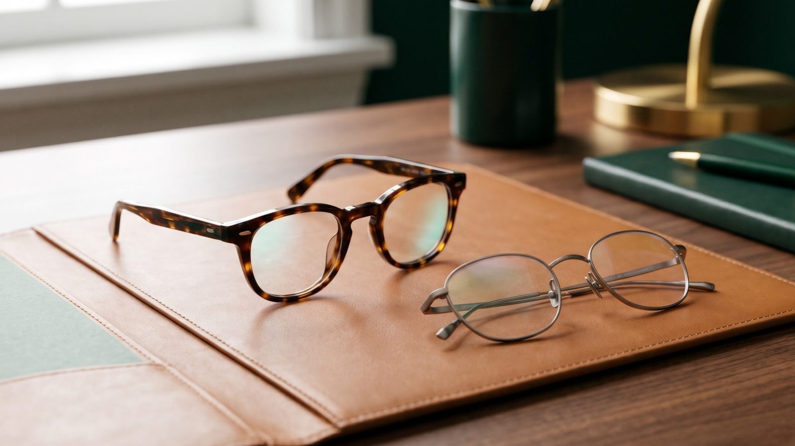 Tortoiseshell and thin titanium eyeglasses resting on an open leather portfolio on a desk in window light