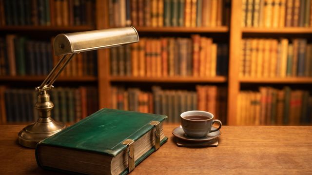 Neat stack of bound manuscript pages with a green leather cover beside a brass reading lamp and a cup of tea