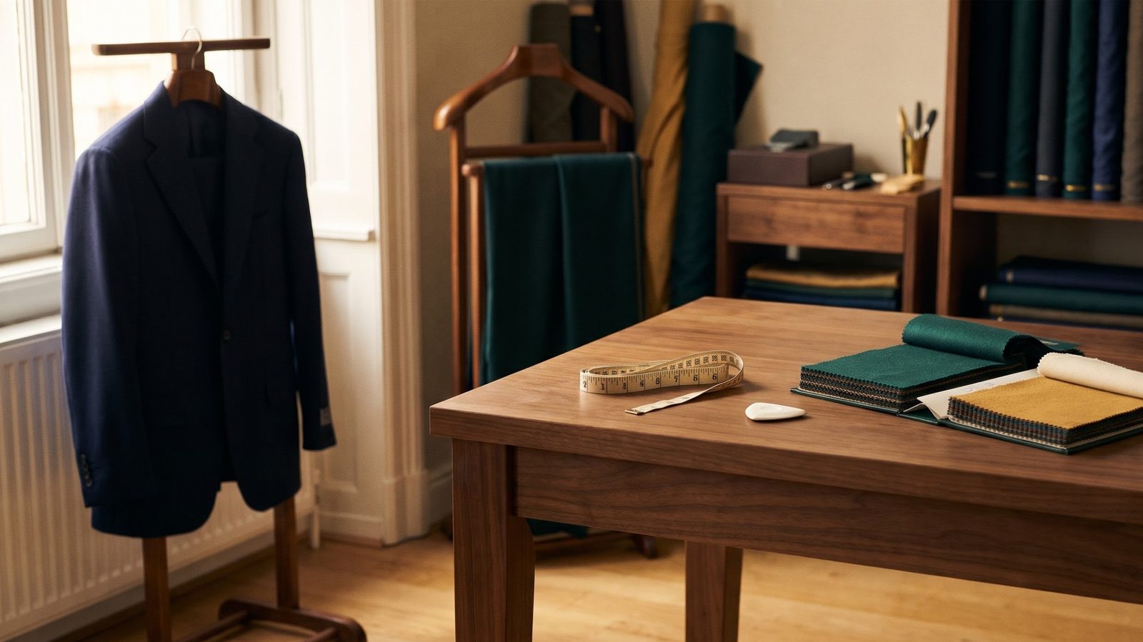Navy suit jacket on a wooden valet stand beside tailor's chalk, a measuring tape and a book of wool fabric swatches