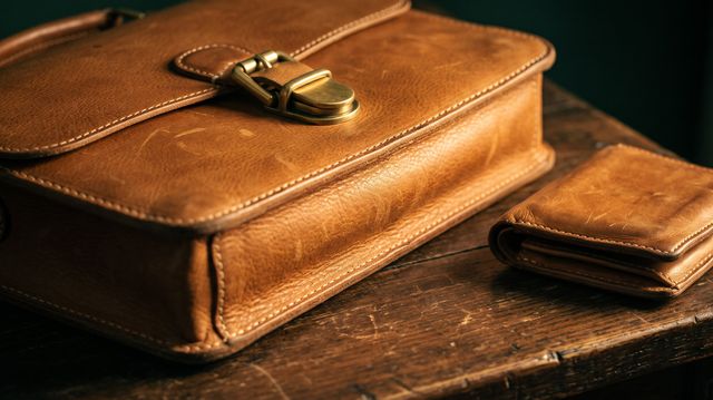 Full-grain vegetable-tanned leather briefcase and matching slim wallet with brass buckle closures