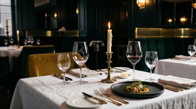 Intimate dining room with candlelit white linen table and fine glassware reflecting hospitality attention to detail