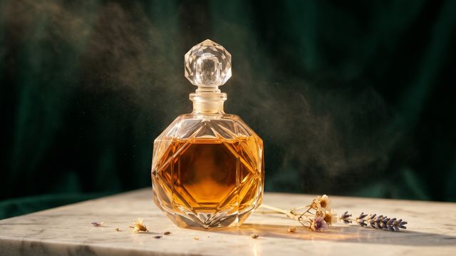 Artisanal glass fragrance bottle capturing light with natural amber botanical essence