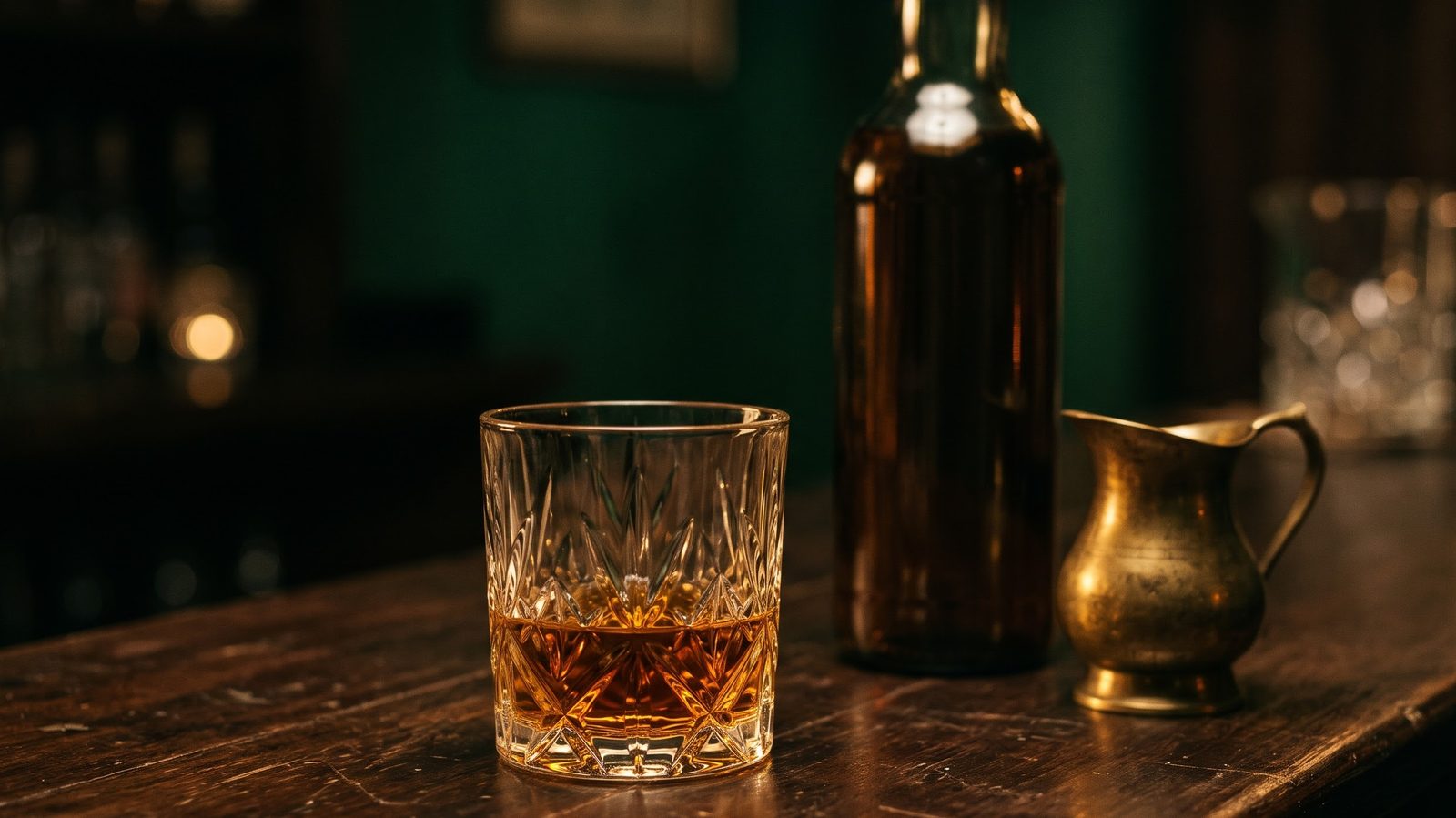 Crystal tumbler of amber single malt whisky alongside heritage bottle and water pitcher on a polished bar